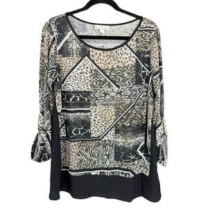 NEW Dana Buchman Large Tunic Animal Pattern Roll tab Sleeve Knit Top Gray
